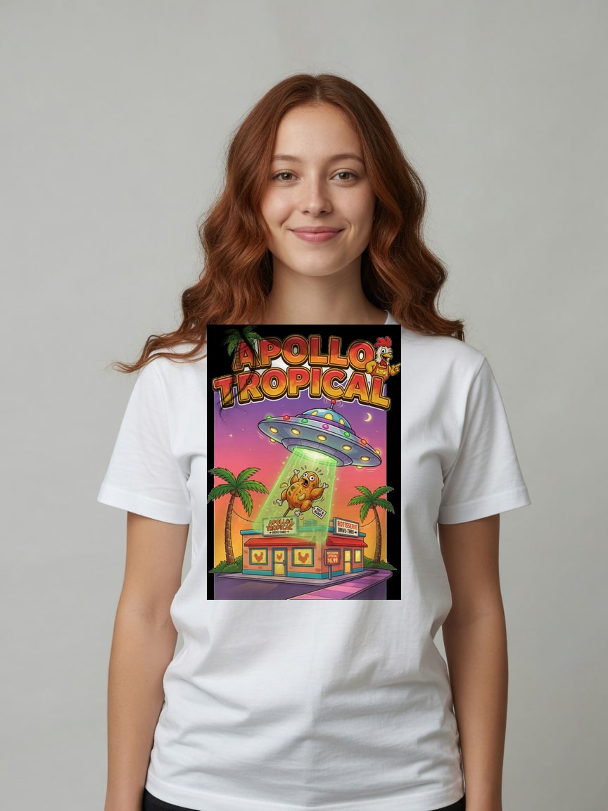 A real person wearing the Apollo Tropical t-shirt