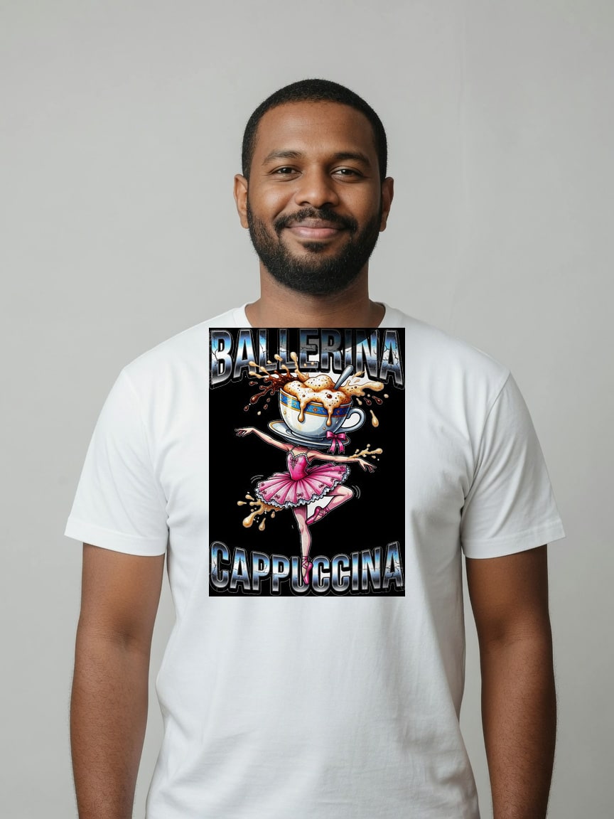 A real person wearing the Ballerina Cappuccina t-shirt