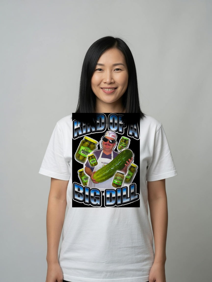 A real person wearing the Big Dill t-shirt