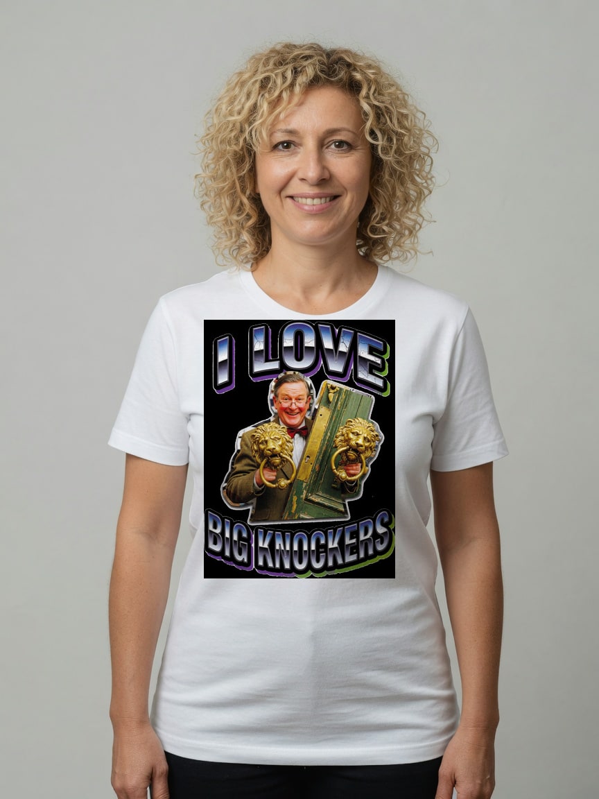 A real person wearing the Big Knockers t-shirt