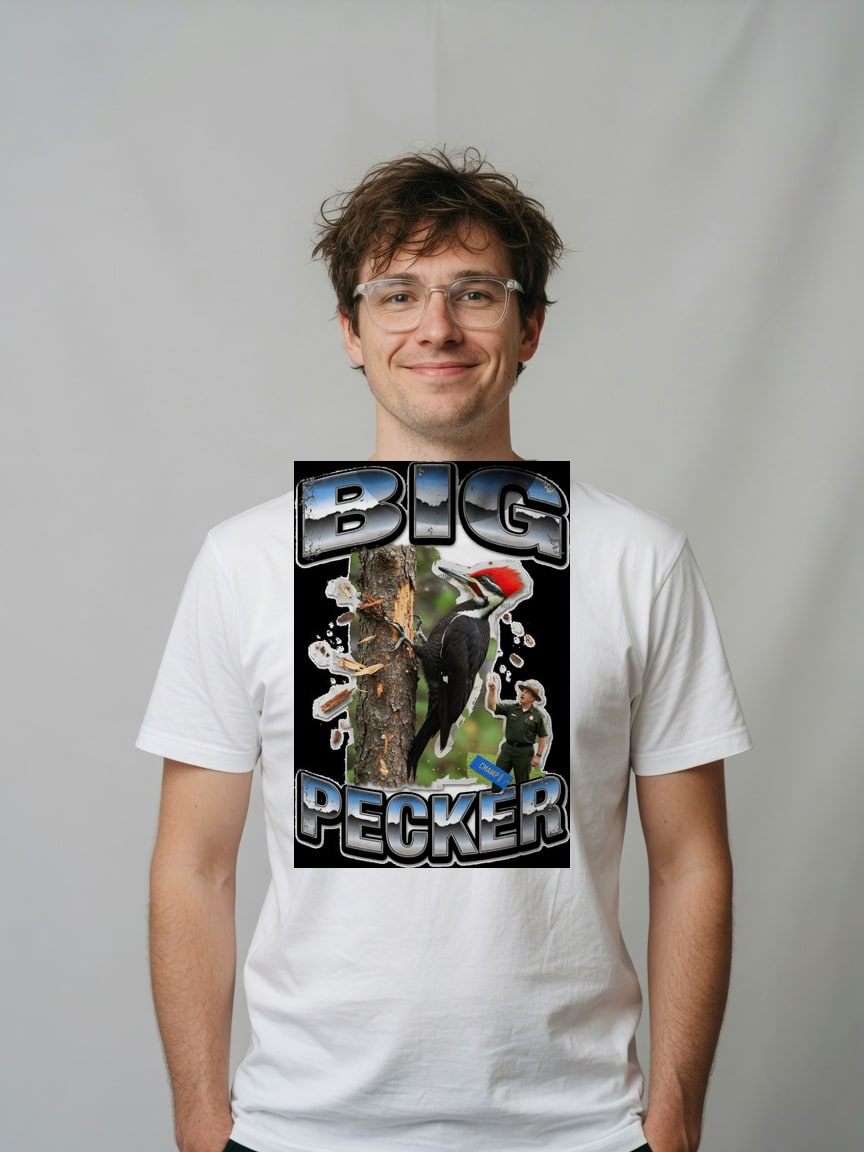 A real person wearing the Big Pecker t-shirt