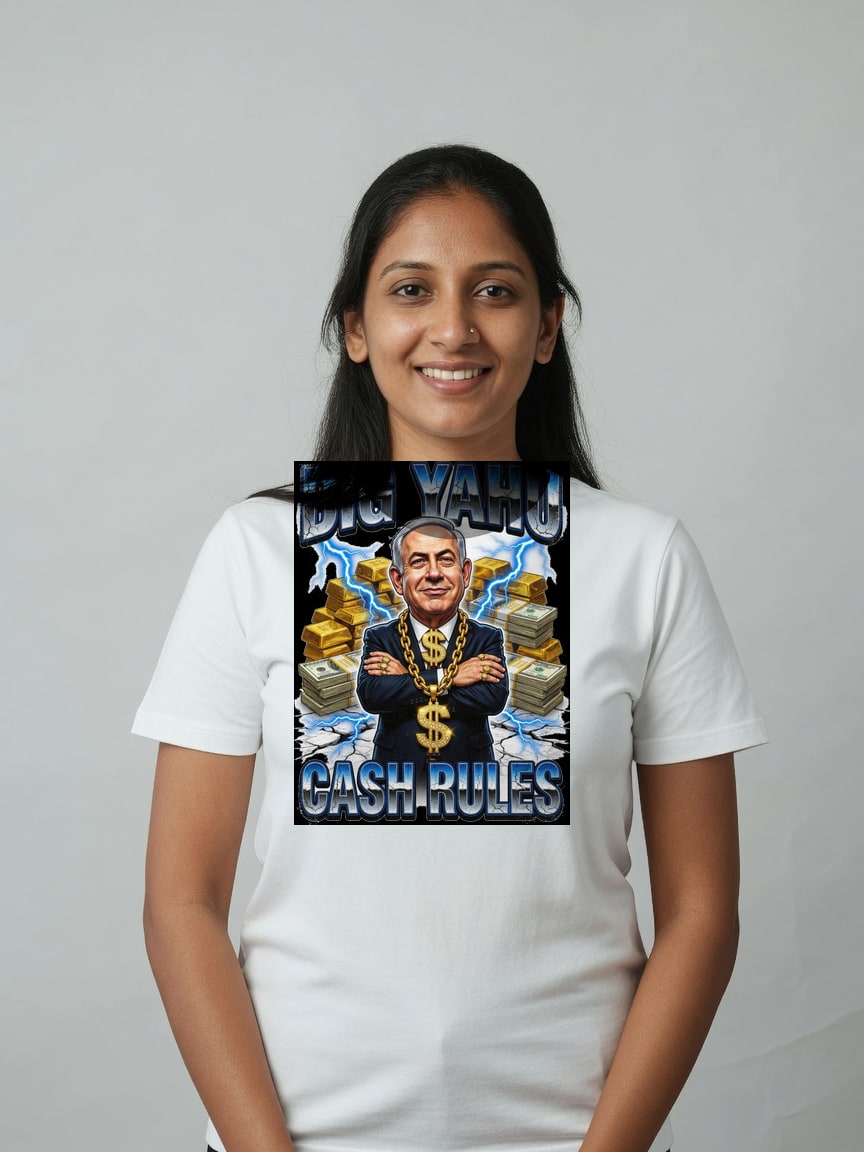 A real person wearing the Big Yahu t-shirt