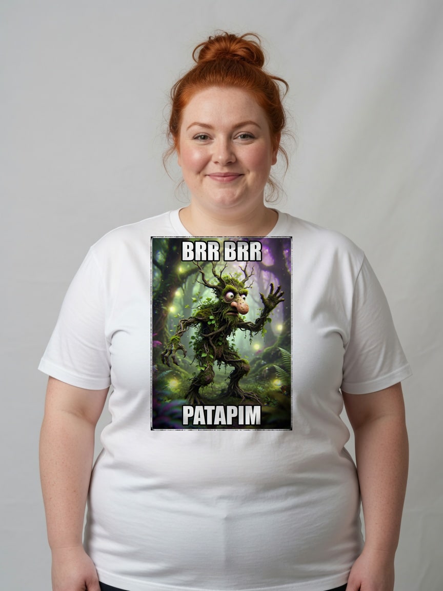 A real person wearing the Brr Brr Patapim t-shirt