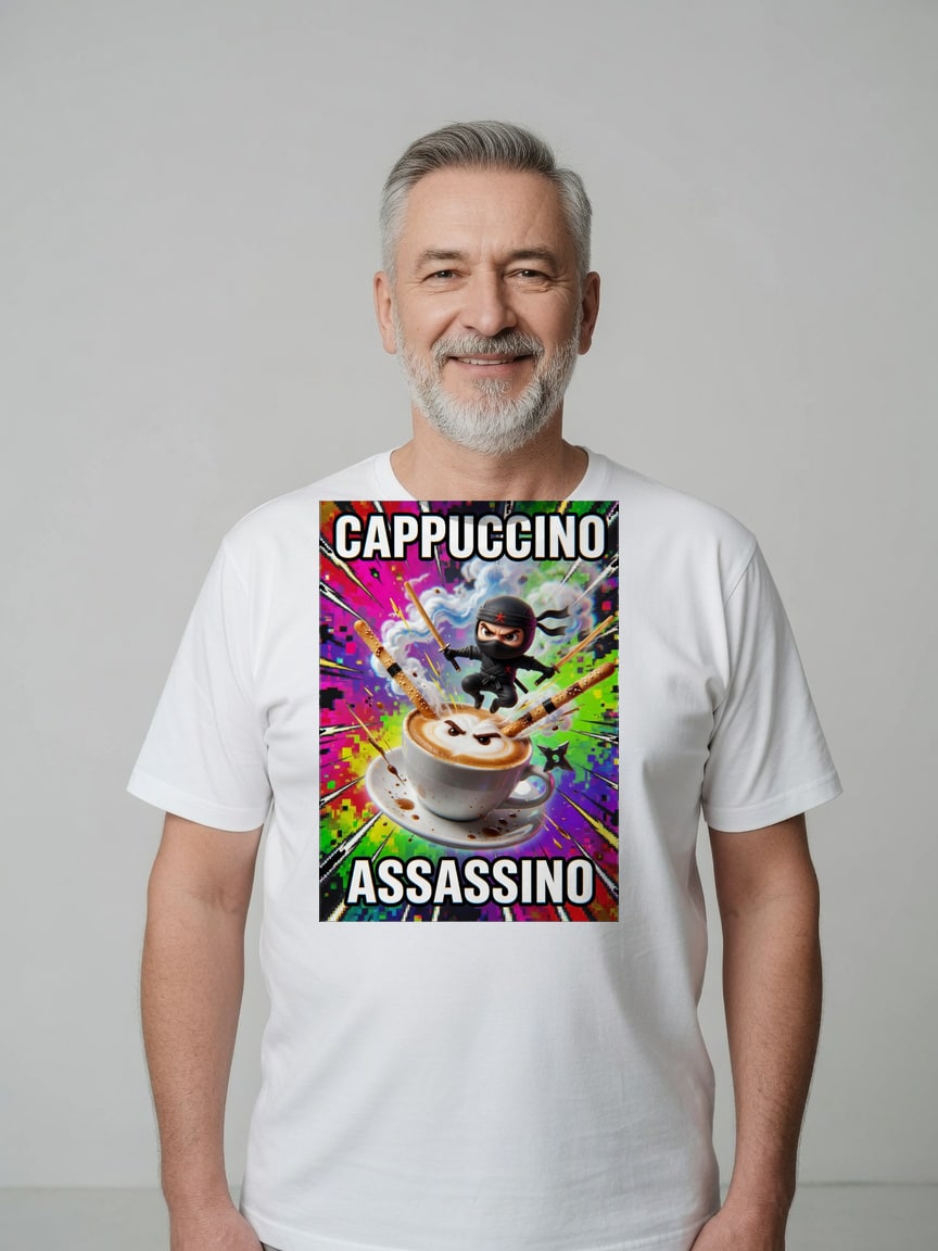 A real person wearing the Cappuccino Assassino t-shirt