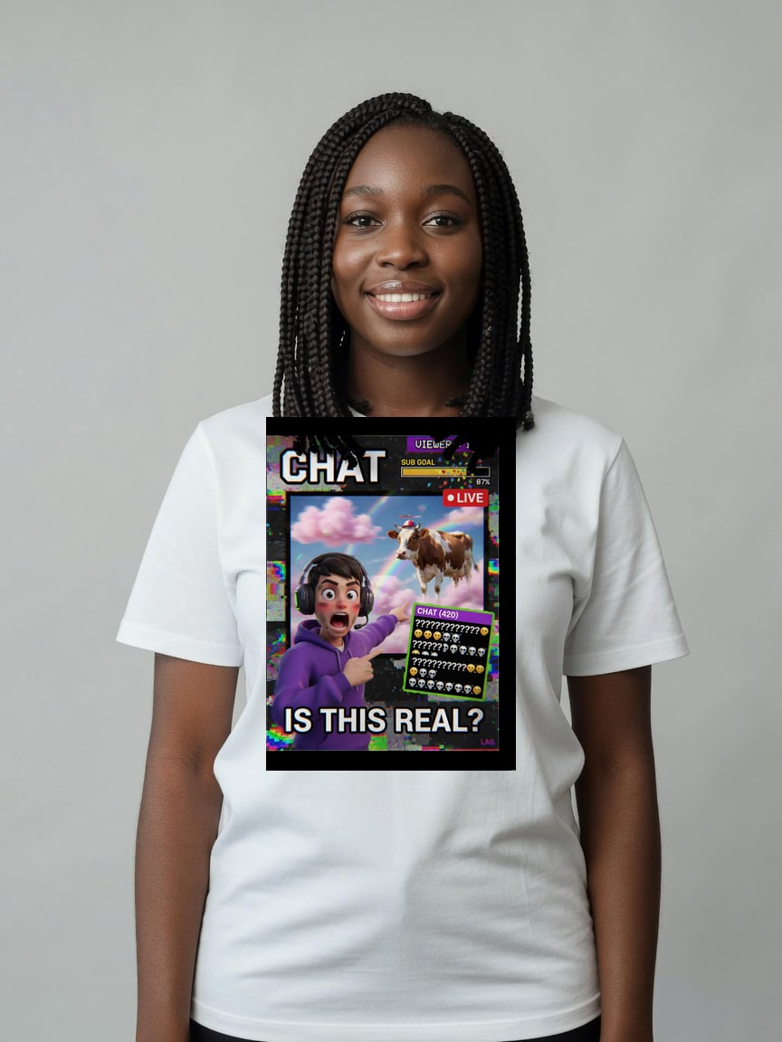 A real person wearing the Chat Is This Real t-shirt