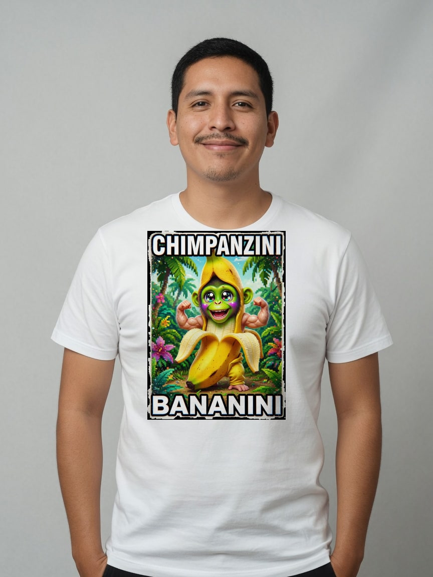 A real person wearing the Chimpanzini Bananini t-shirt