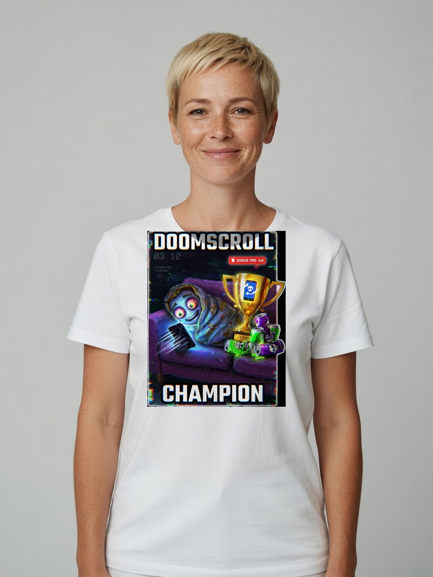 A real person wearing the Doomscroll Champion t-shirt