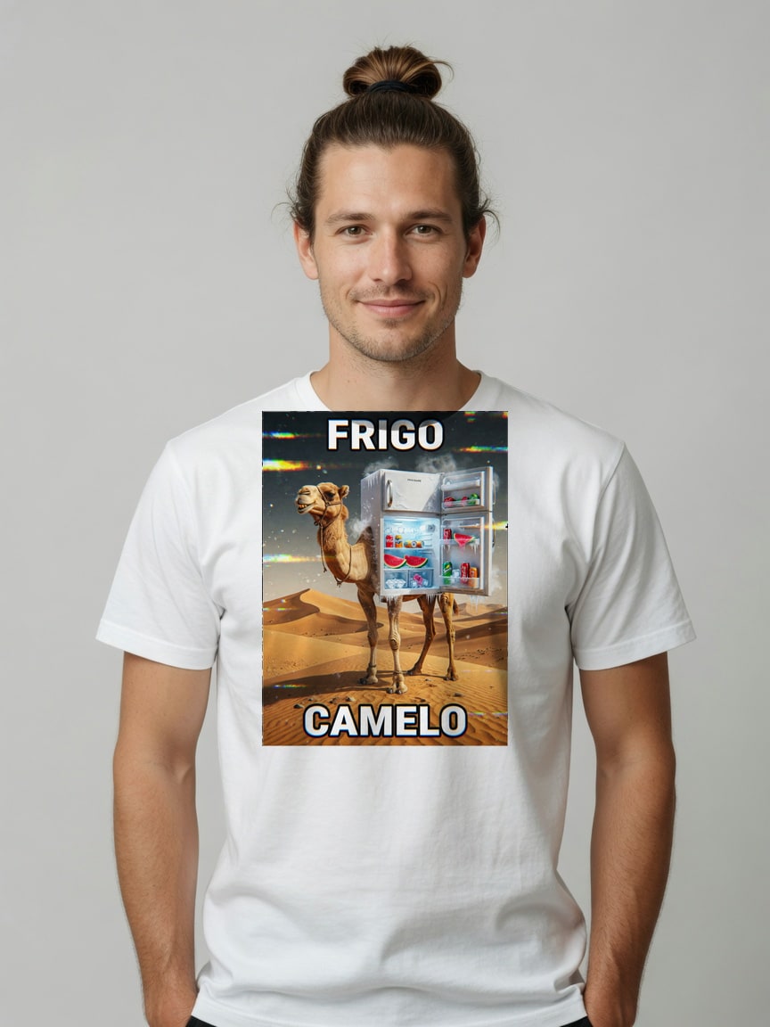 A real person wearing the Frigo Camelo t-shirt