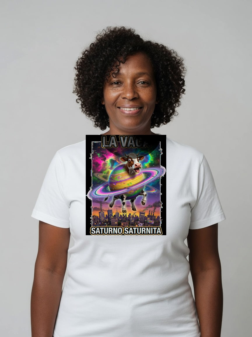 A real person wearing the La Vaca Saturno Saturnita t-shirt