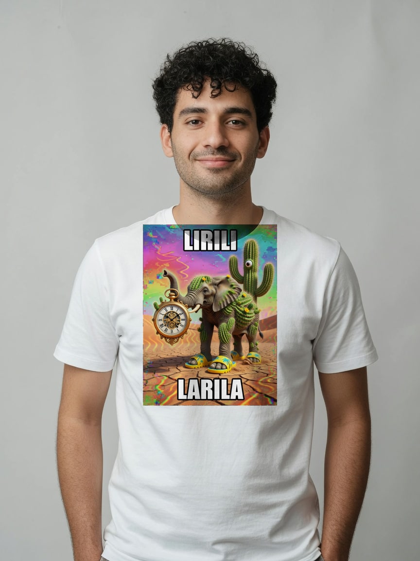 A real person wearing the Lirili Larila t-shirt