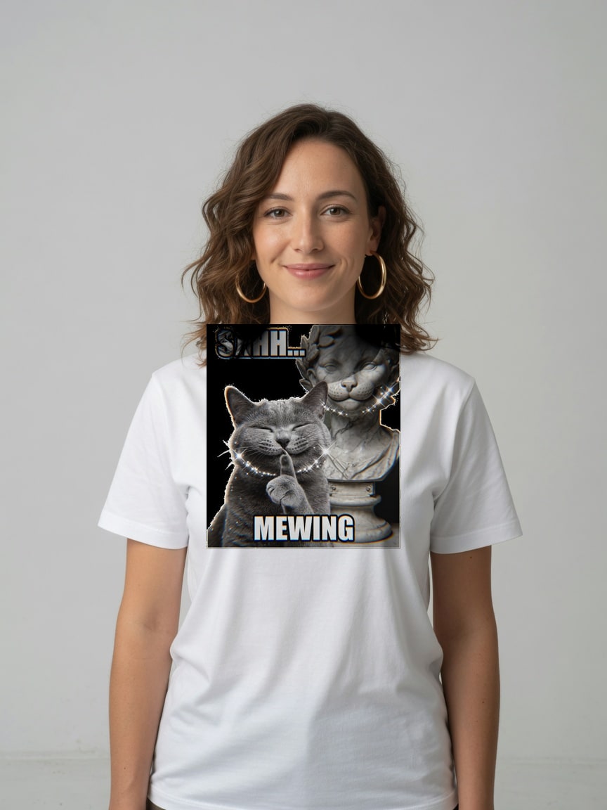 A real person wearing the Mewing t-shirt
