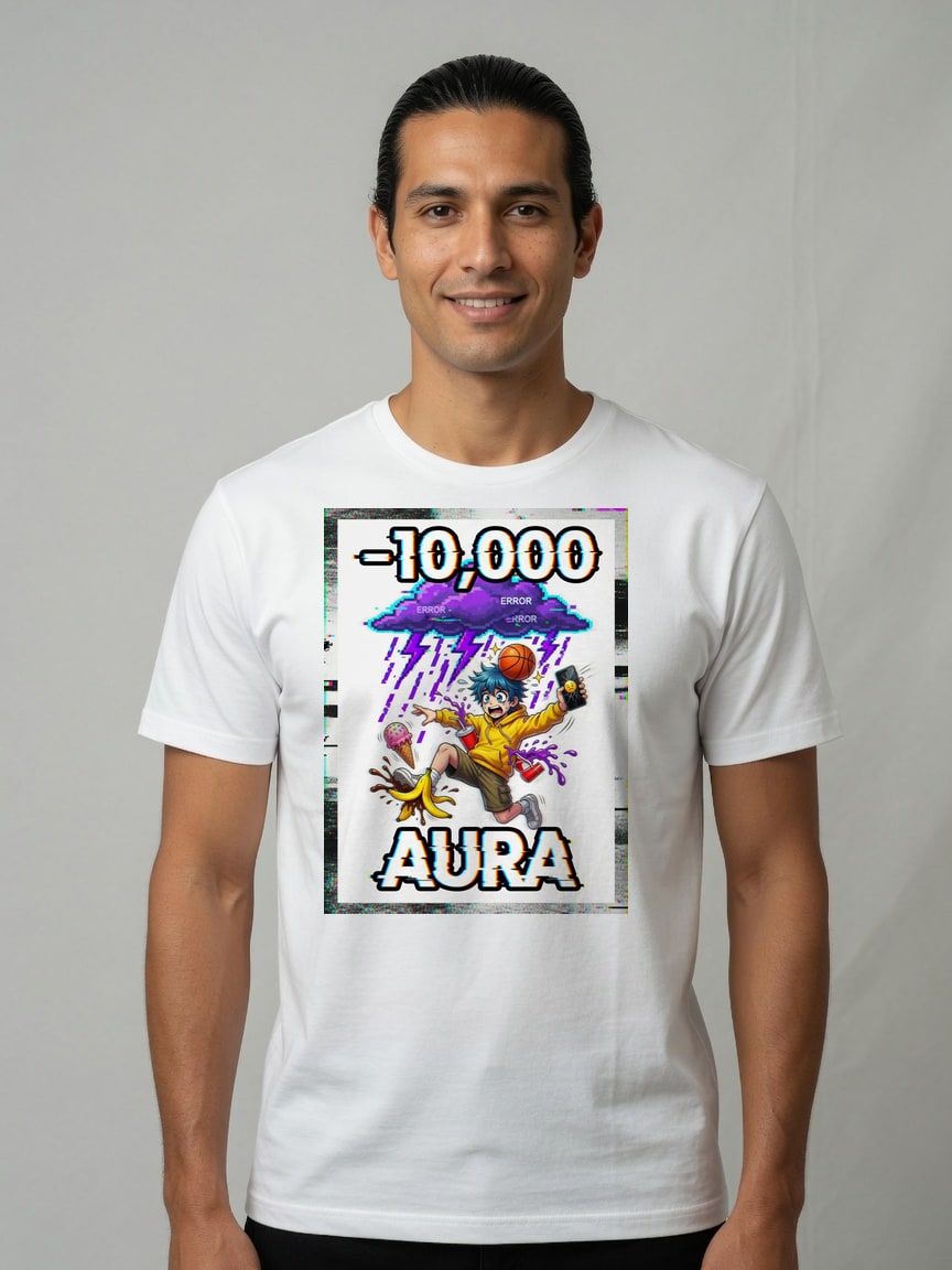 A real person wearing the Negative Aura t-shirt