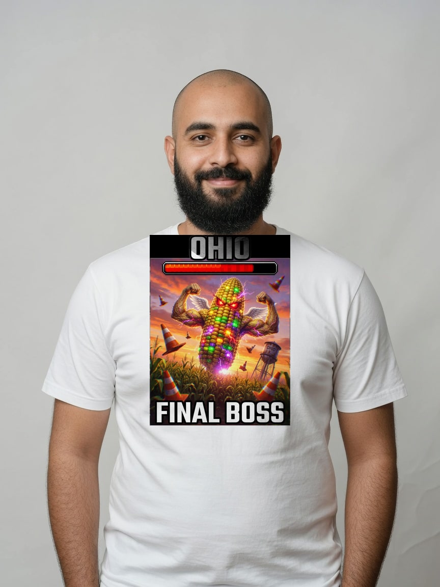 A real person wearing the Ohio Final Boss t-shirt