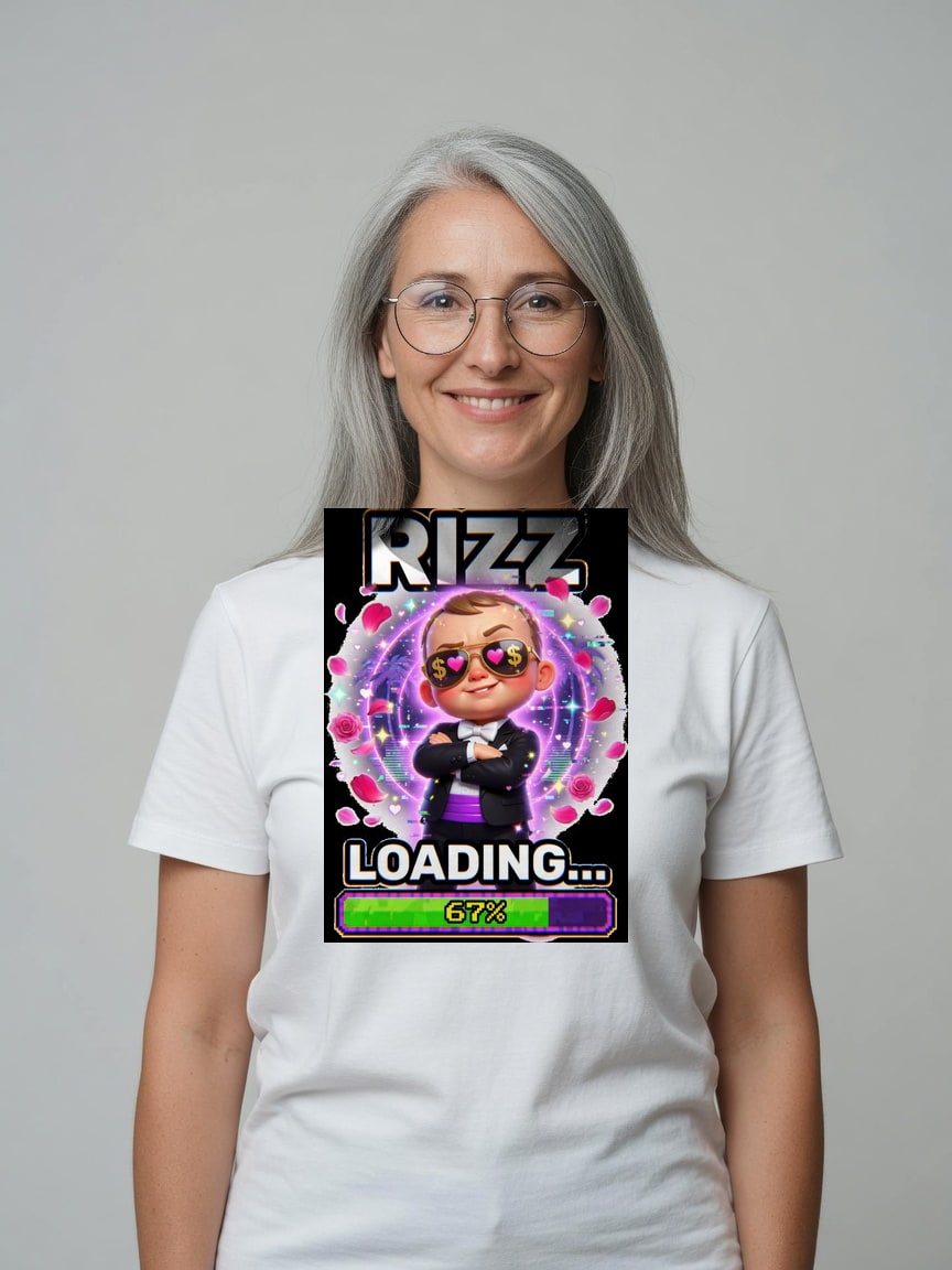 A real person wearing the Rizz Loading t-shirt