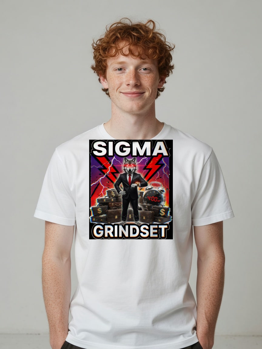 A real person wearing the Sigma Grindset t-shirt