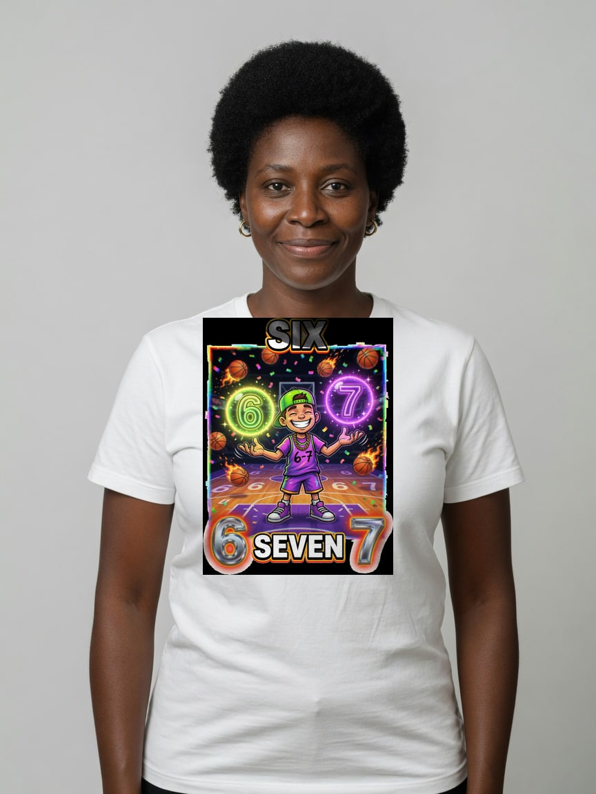 A real person wearing the Six Seven t-shirt