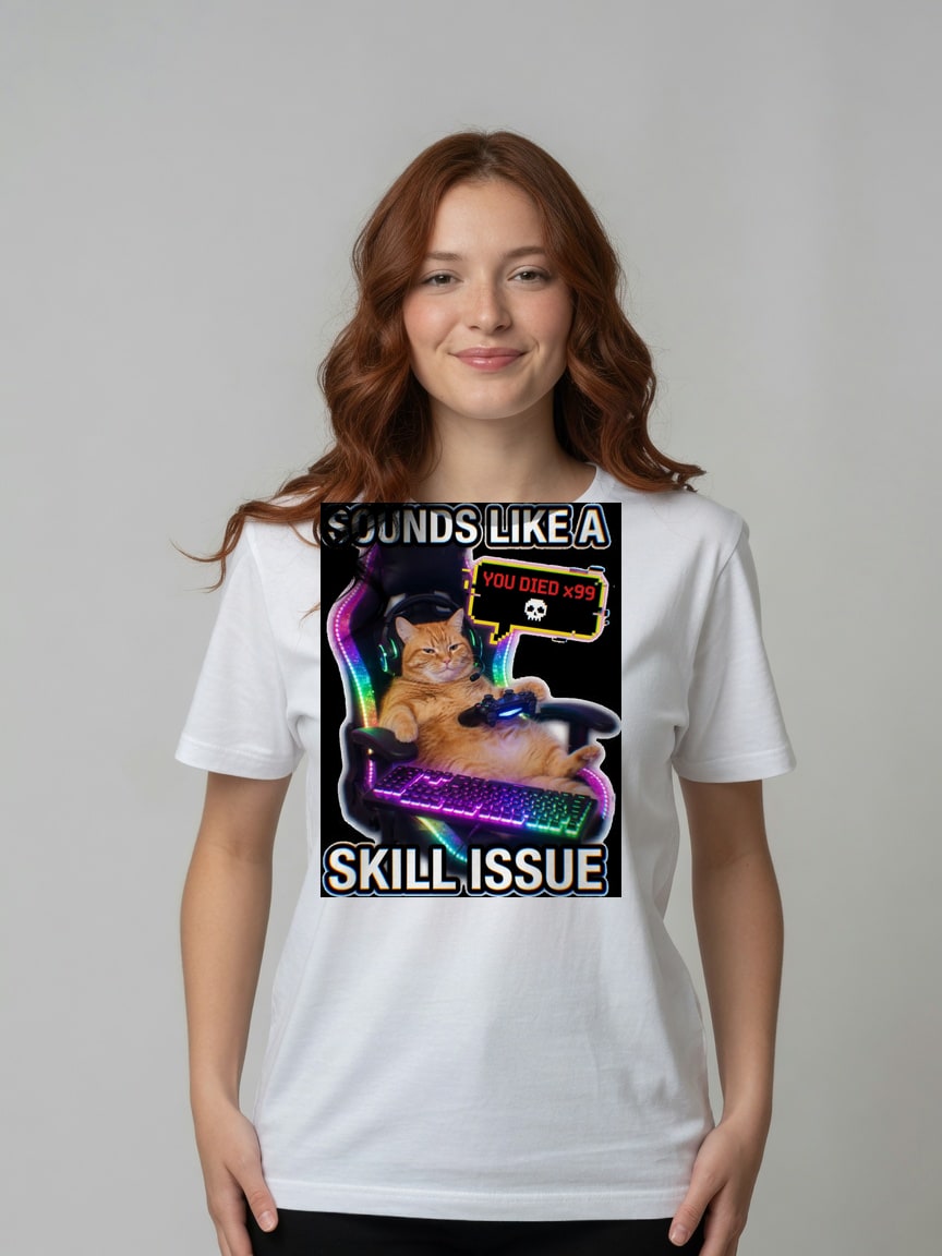 A real person wearing the Skill Issue t-shirt