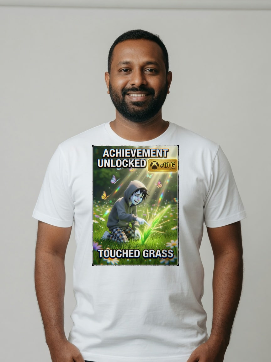 A real person wearing the Touch Grass t-shirt