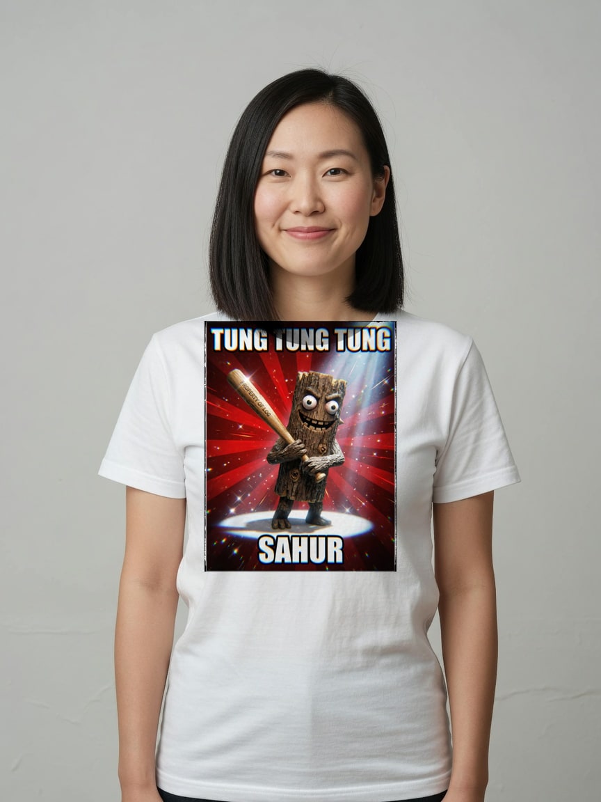 A real person wearing the Tung Tung Tung Sahur t-shirt
