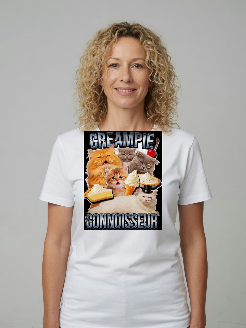 A real person wearing the Creampie Connoisseur t-shirt