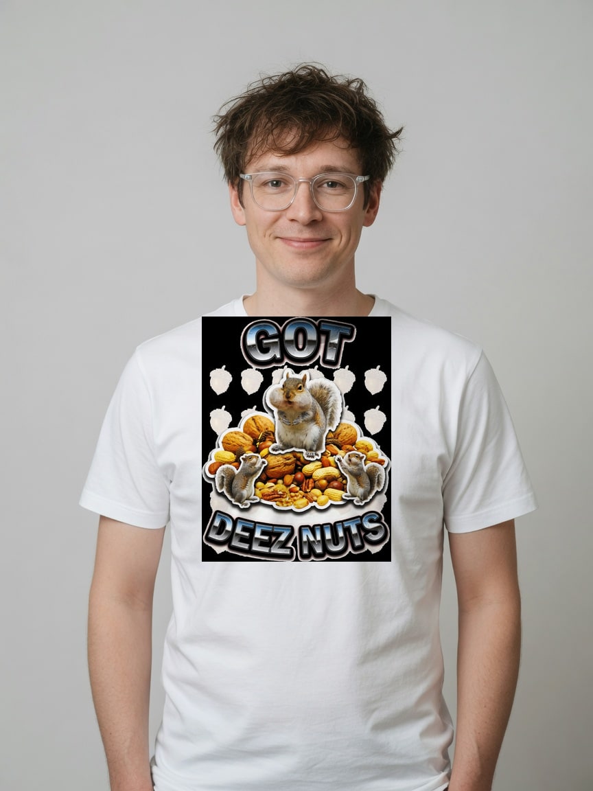 A real person wearing the Deez Nuts t-shirt