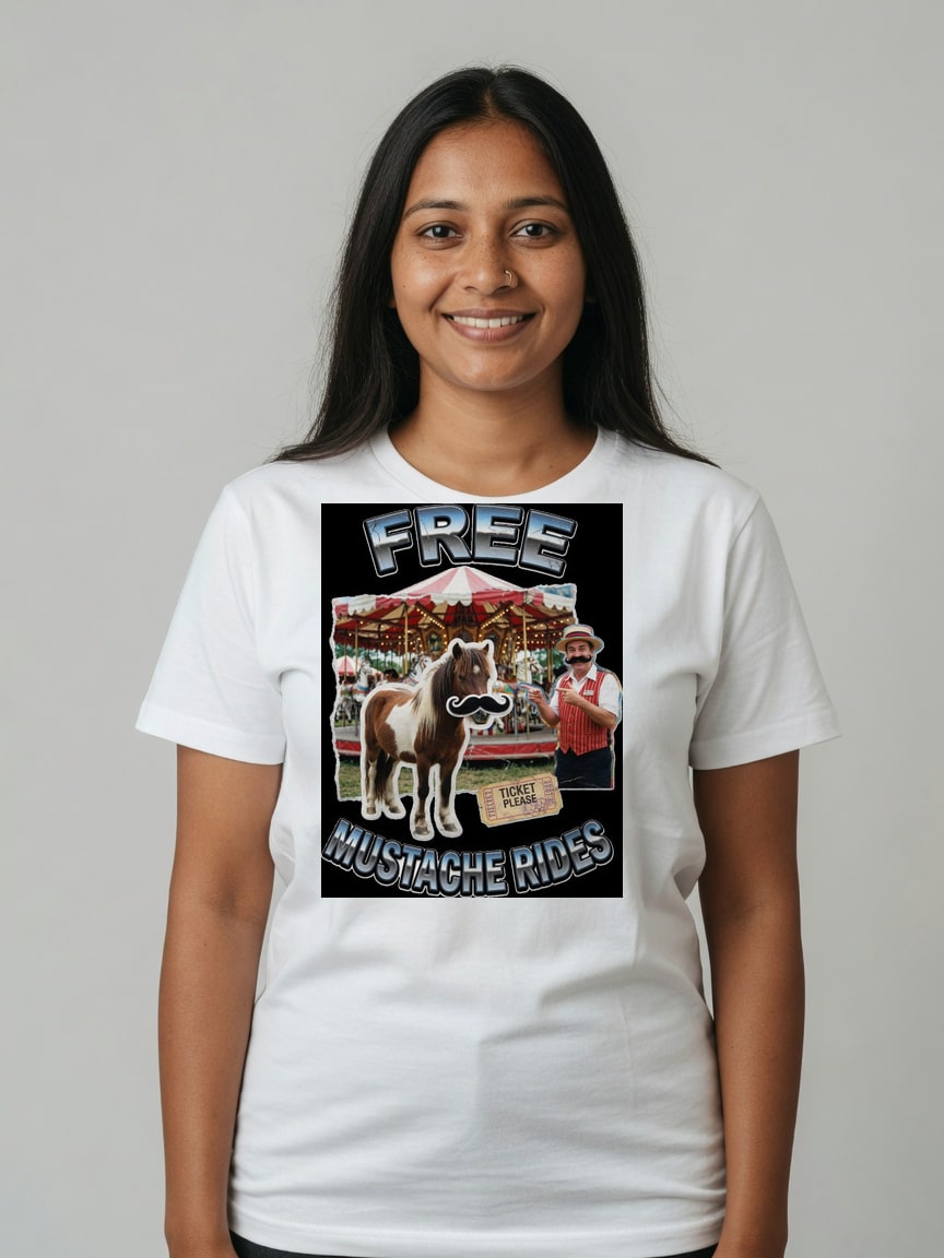A real person wearing the Free Mustache Rides t-shirt