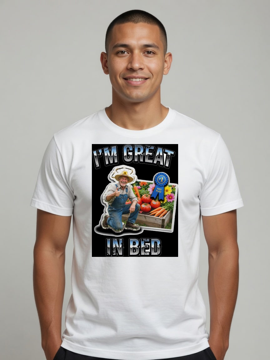 A real person wearing the Great In Bed t-shirt