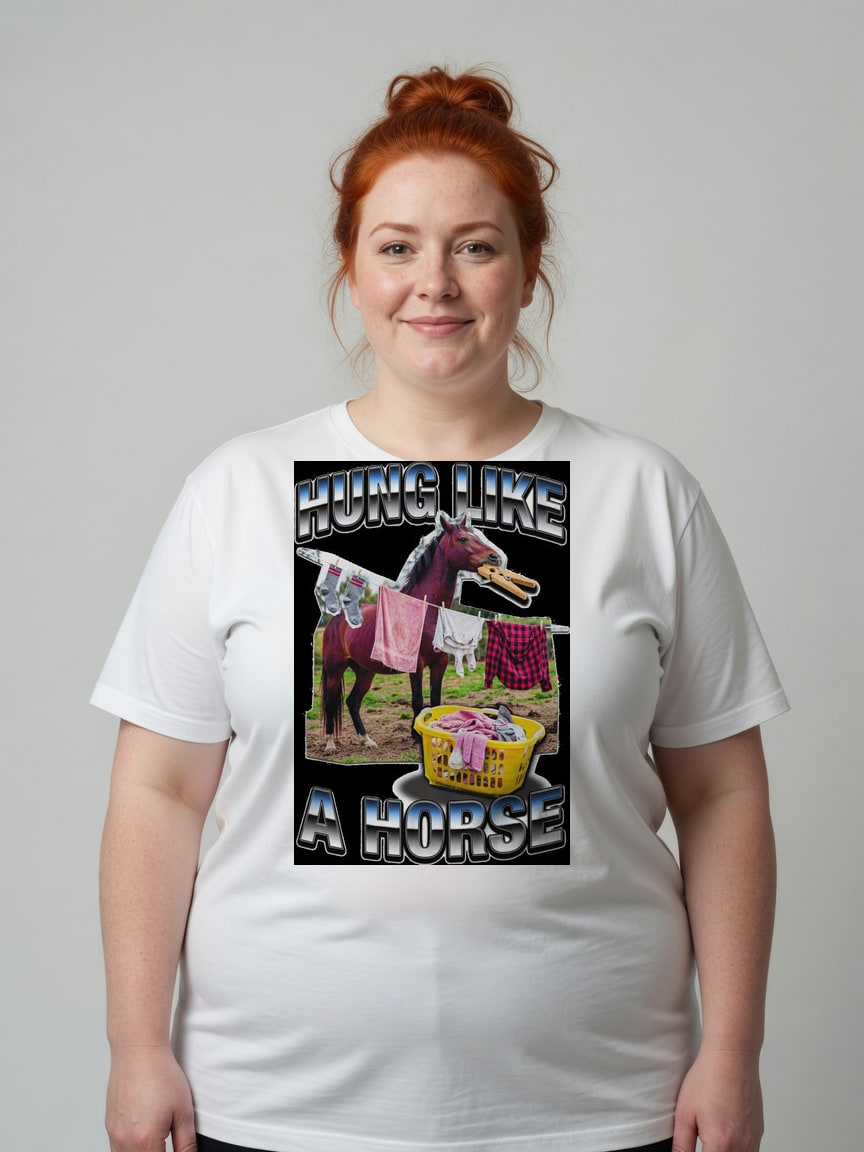 A real person wearing the Hung Like A Horse t-shirt