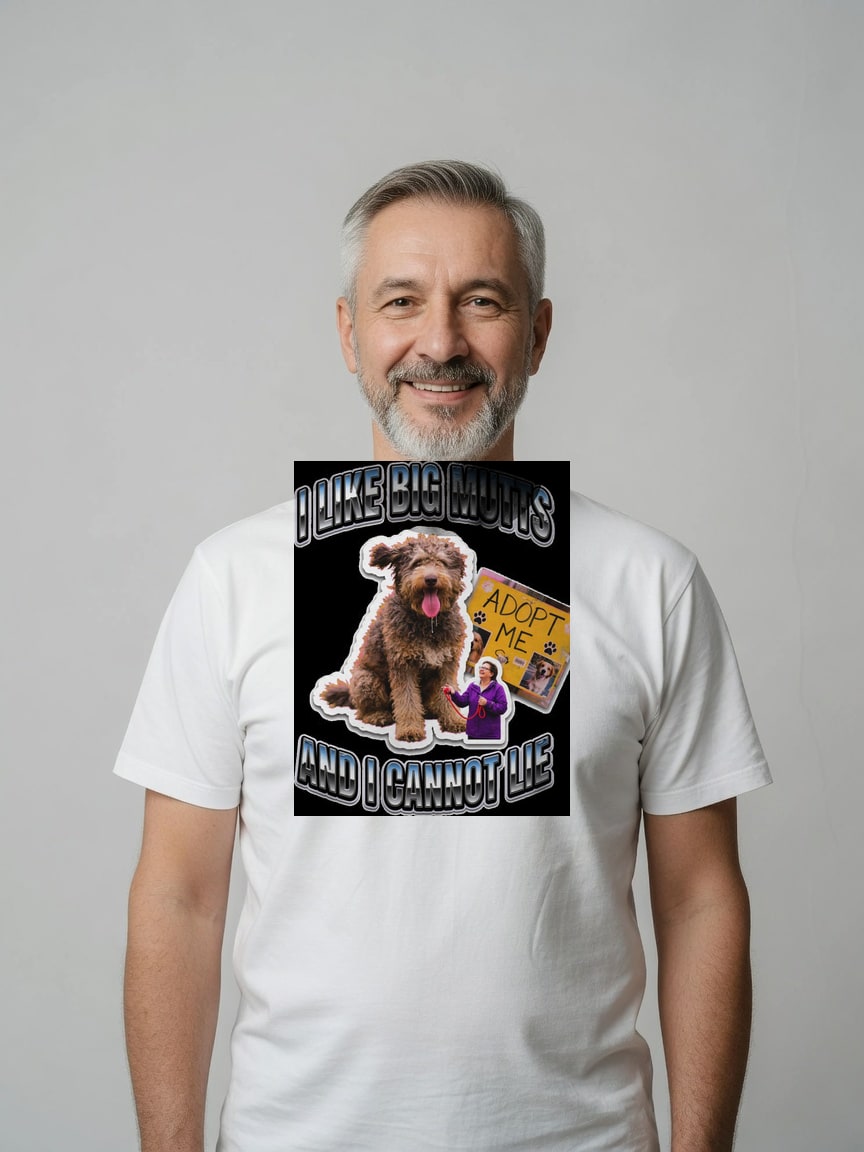 A real person wearing the I Like Big Mutts t-shirt