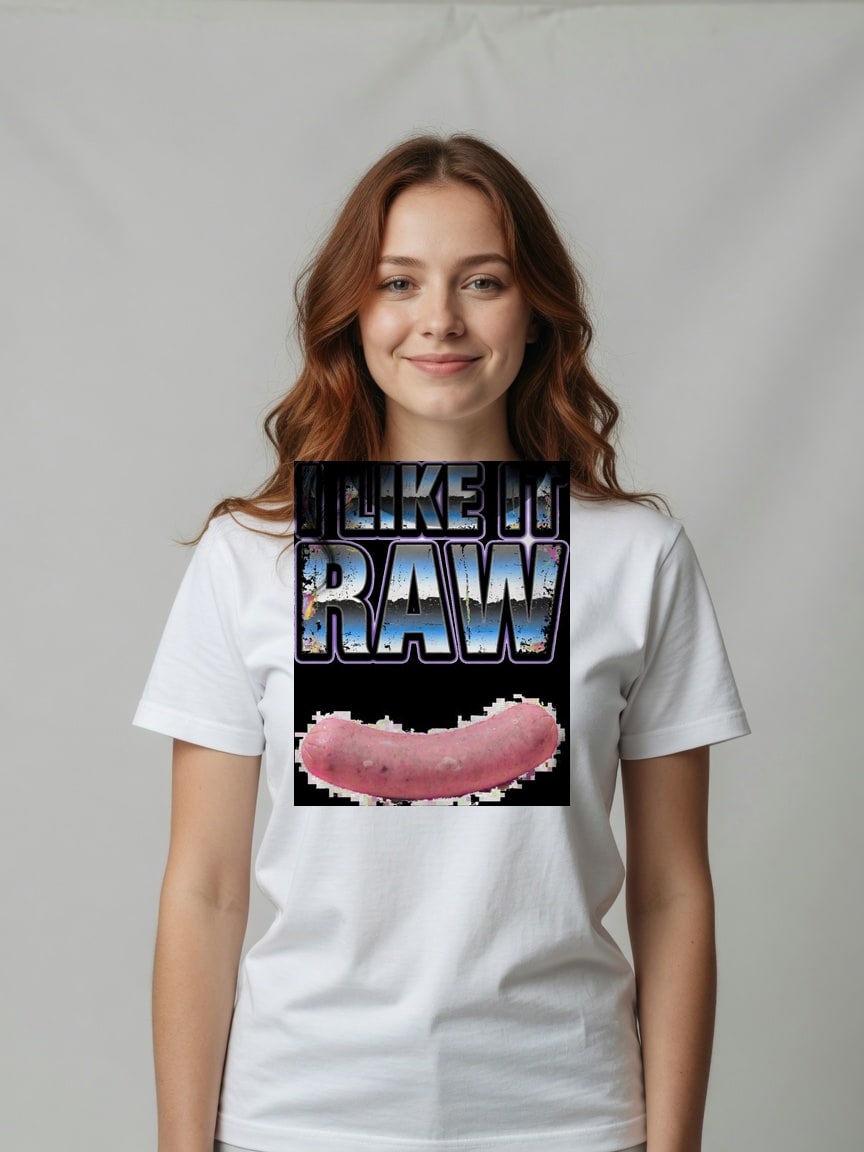 A real person wearing the I Like It Raw t-shirt