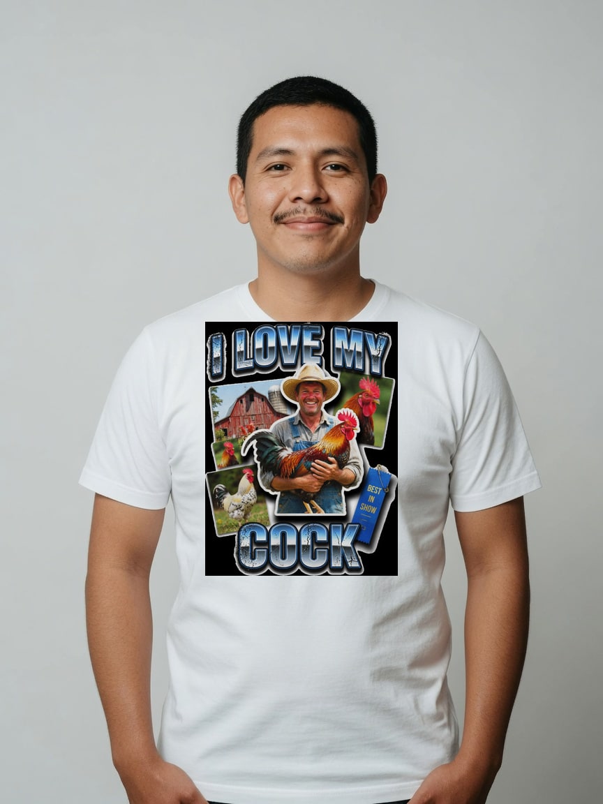 A real person wearing the I Love My Cock t-shirt