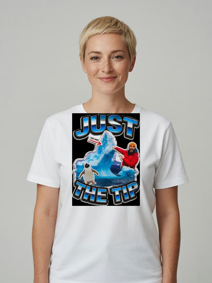 A real person wearing the Just The Tip t-shirt