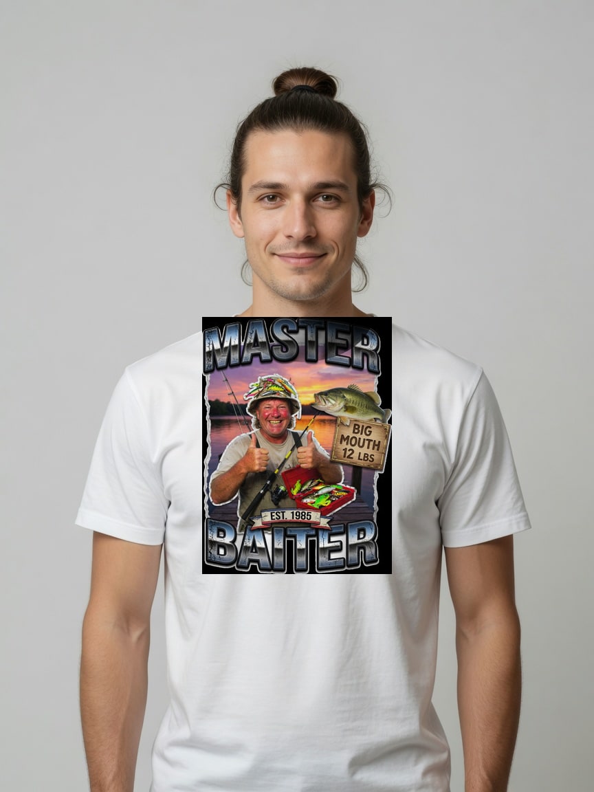 A real person wearing the Master Baiter t-shirt