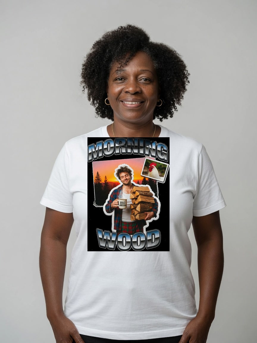 A real person wearing the Morning Wood t-shirt