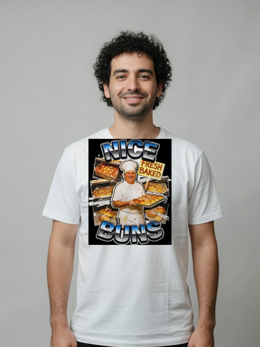 A real person wearing the Nice Buns t-shirt