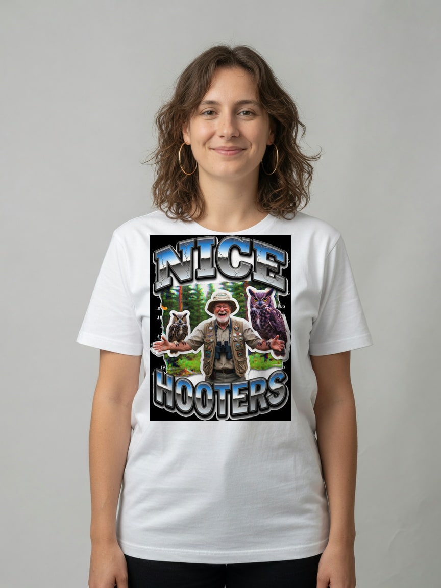 A real person wearing the Nice Hooters t-shirt