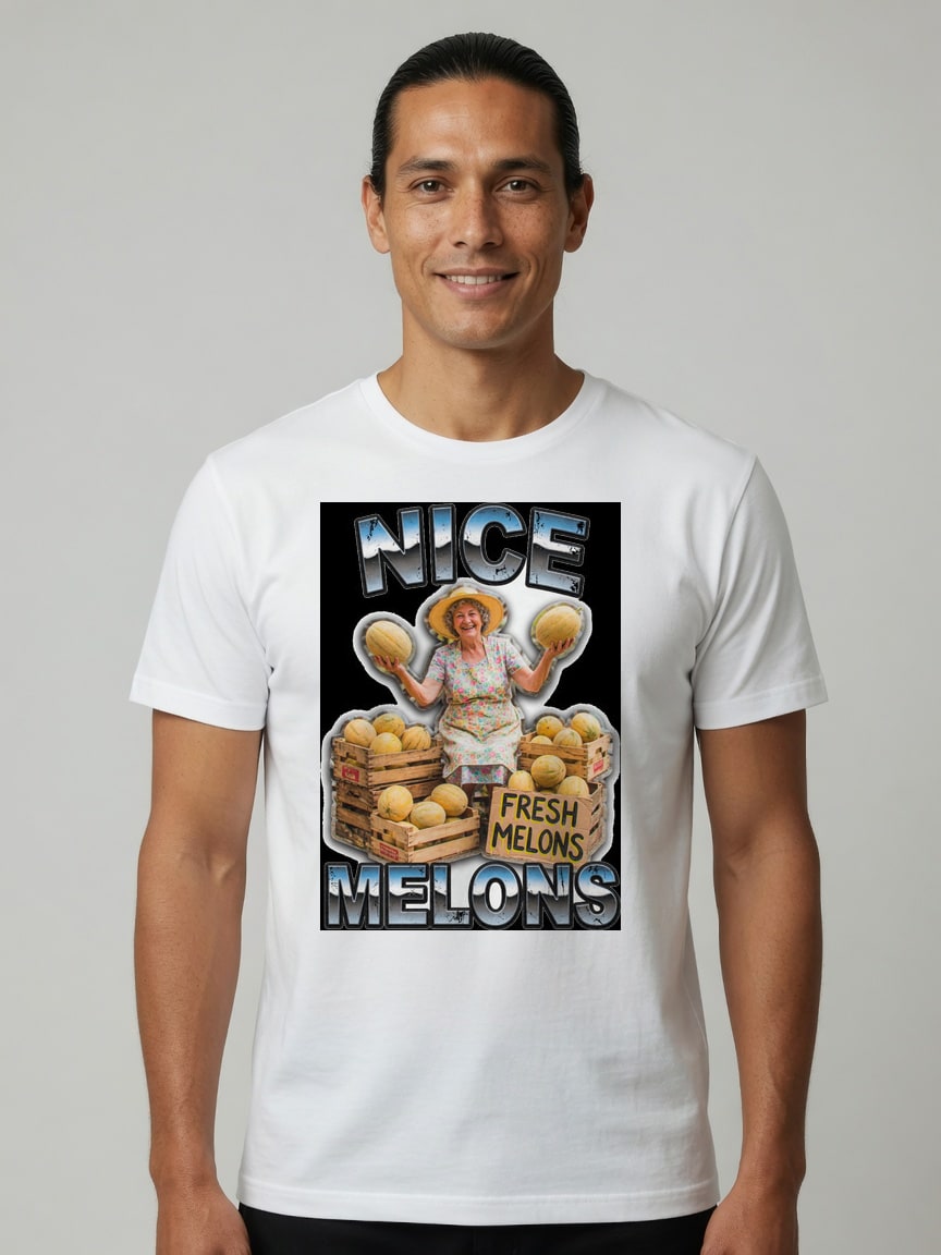 A real person wearing the Nice Melons t-shirt
