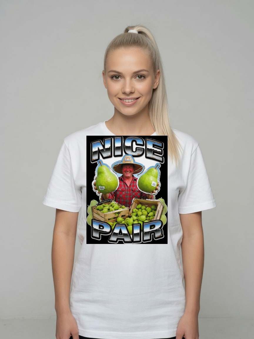 A real person wearing the Nice Pair t-shirt