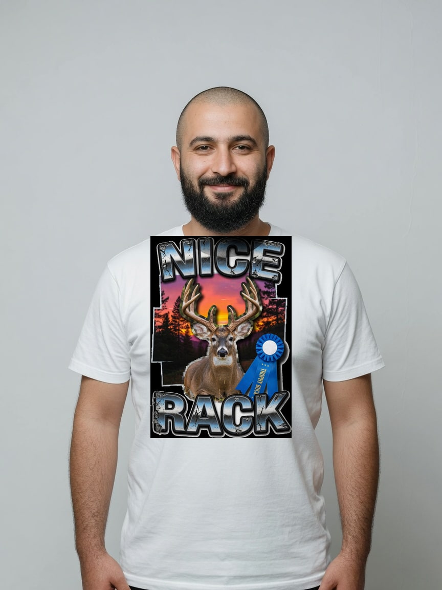 A real person wearing the Nice Rack t-shirt