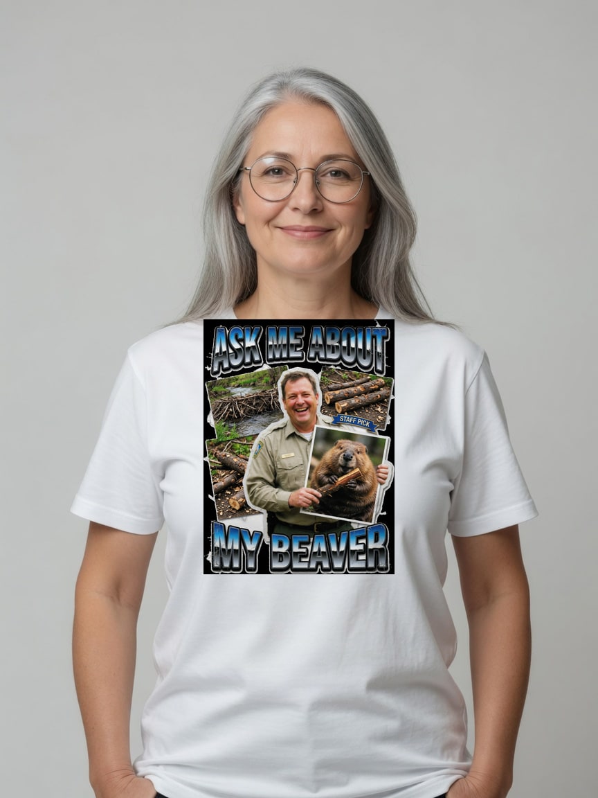 A real person wearing the Petting My Beaver t-shirt