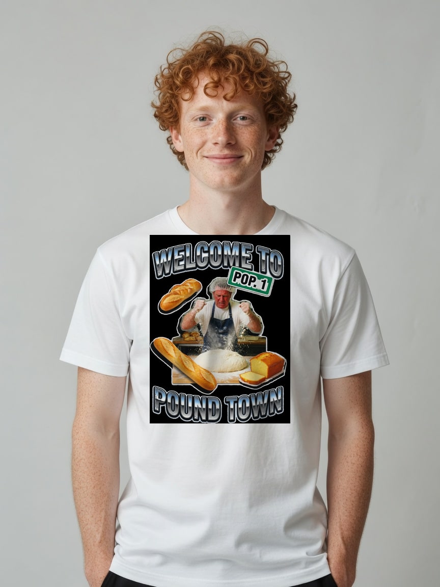 A real person wearing the Pound Town t-shirt