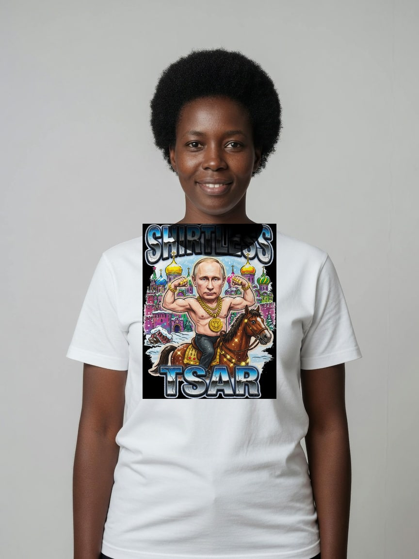 A real person wearing the Shirtless Tsar t-shirt