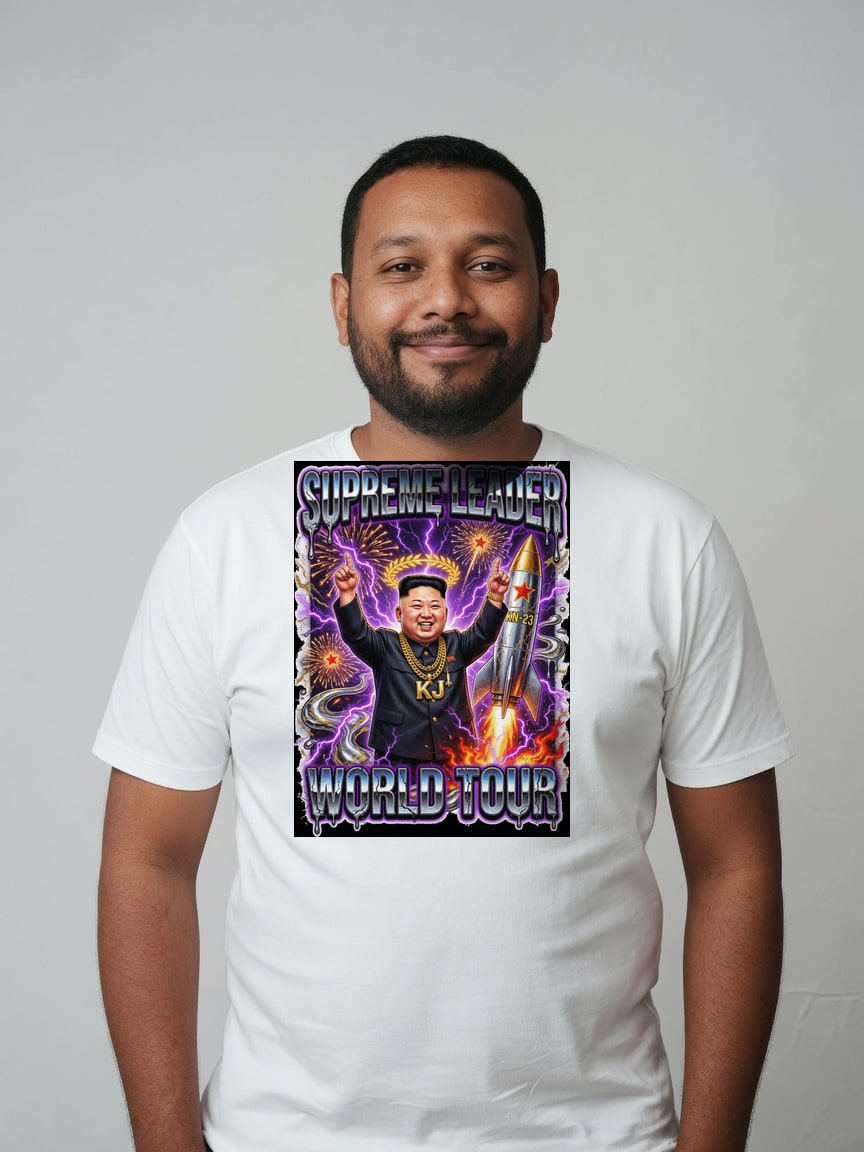 A real person wearing the Supreme Leader Tour '94 t-shirt