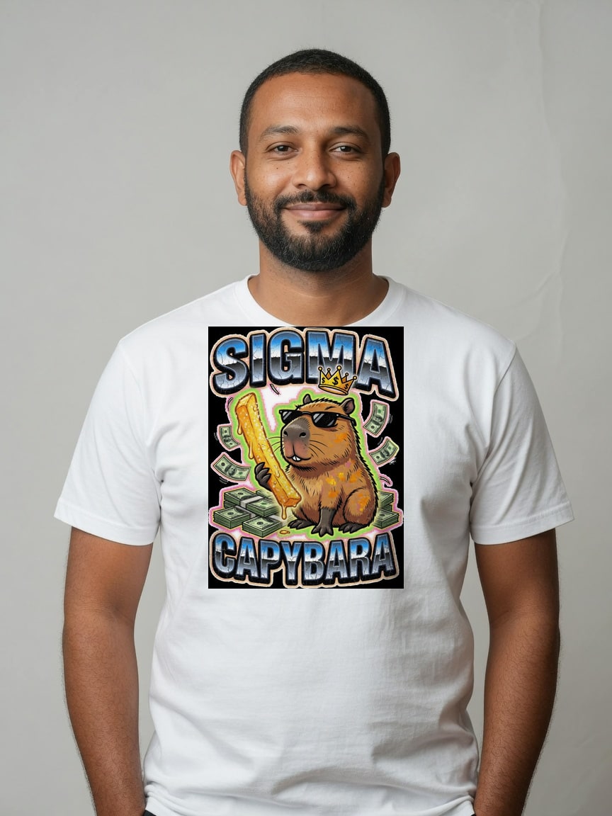 A real person wearing the Sigma Capybara t-shirt