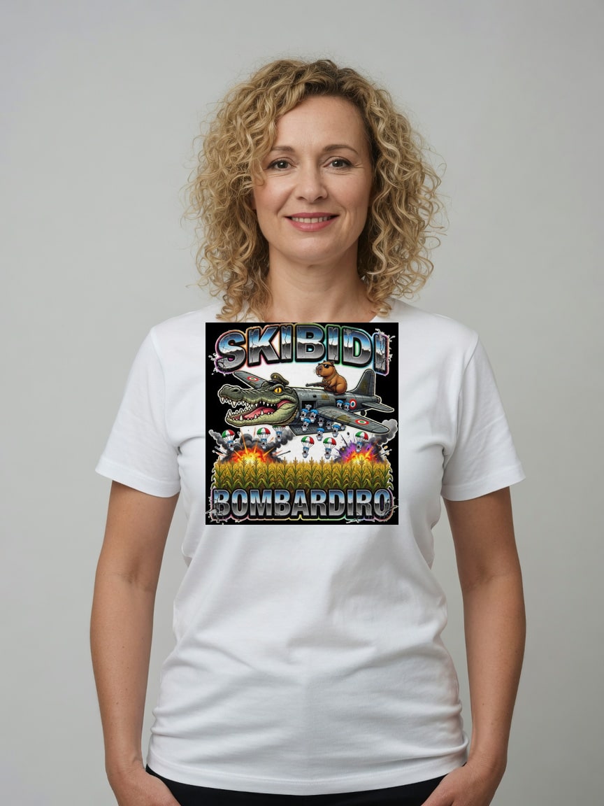 A real person wearing the Skibidi Bombardiro t-shirt