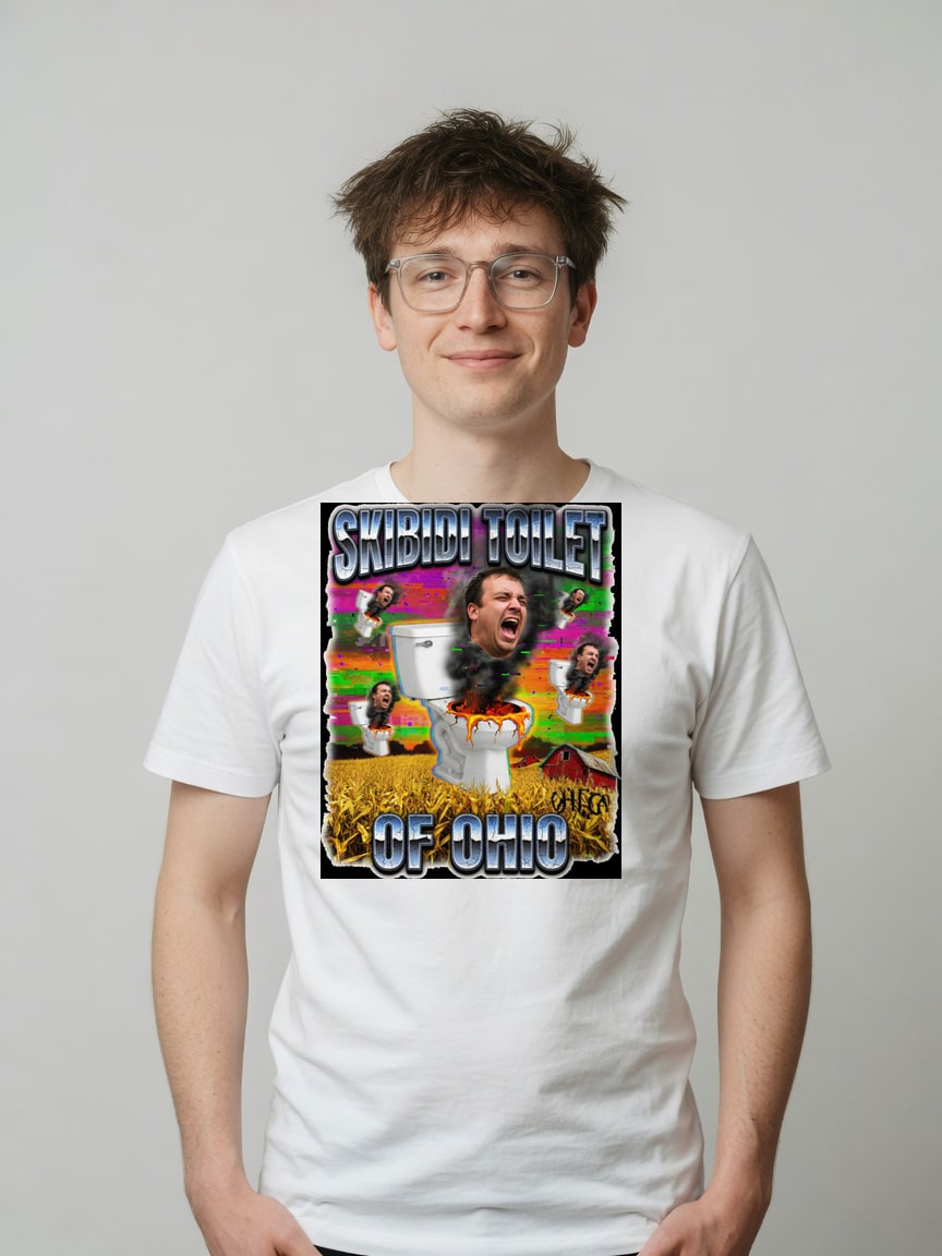 A real person wearing the Skibidi Toilet of Ohio t-shirt