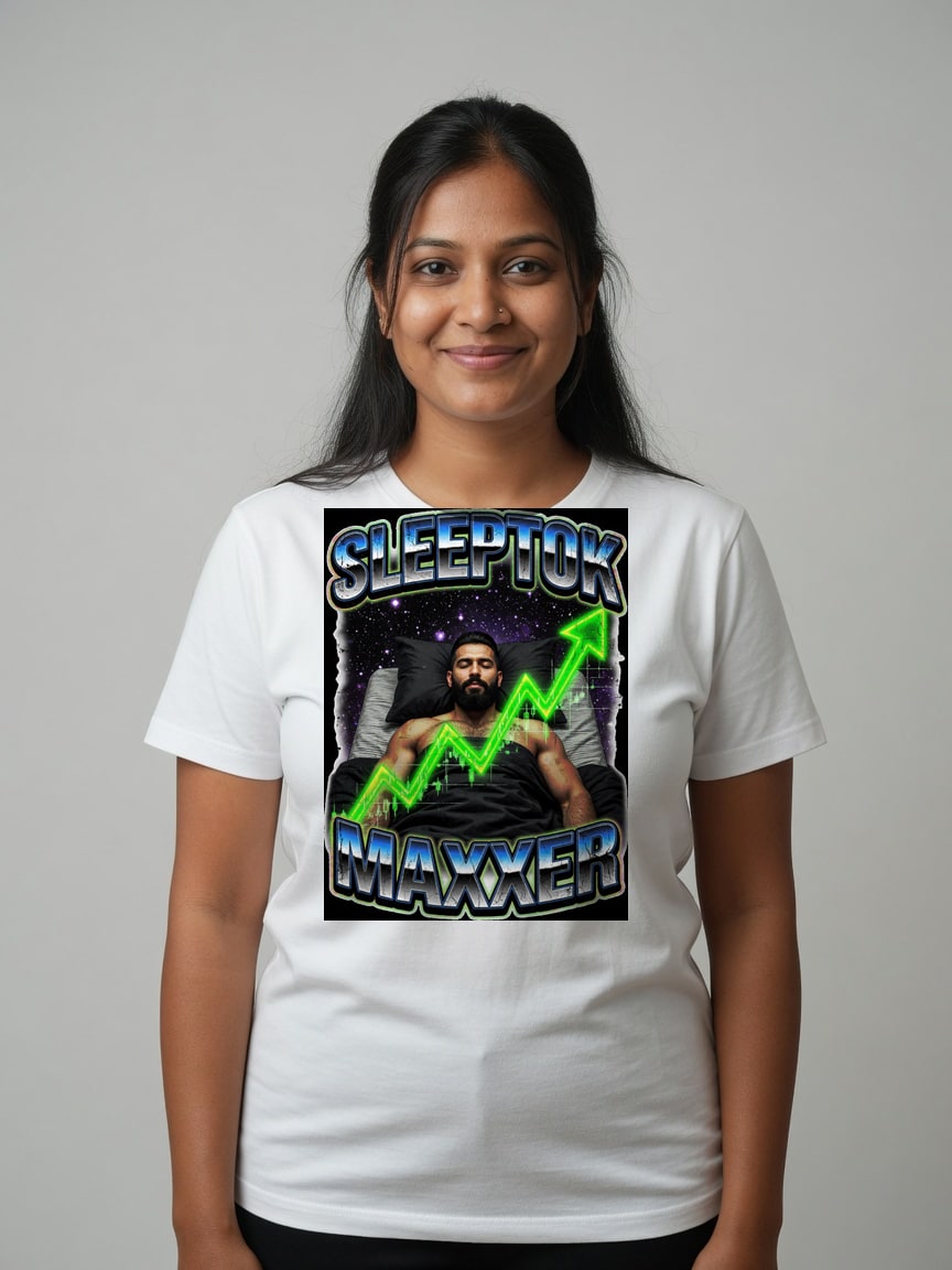 A real person wearing the Sleeptokmaxxer t-shirt