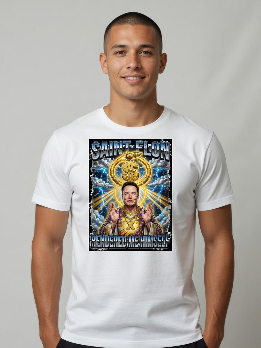 A real person wearing the Saint Elon t-shirt