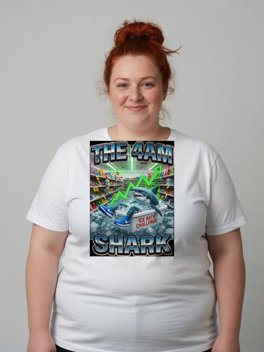 A real person wearing the The 4AM Shark t-shirt