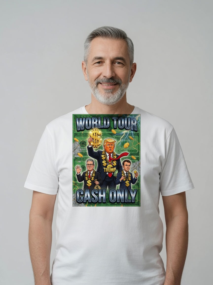 A real person wearing the G7 Cash Cartel t-shirt